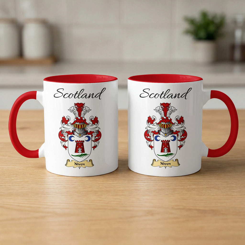 Red-accent Niven Scottish family crest mugs with Scotland above the heraldic shield