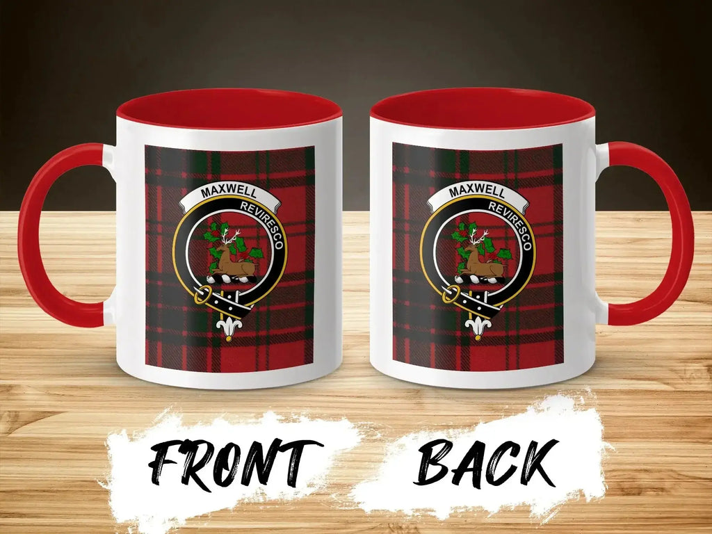 Maxwell clan tartan accent mug shown front and back — stag crest on glossy ceramic