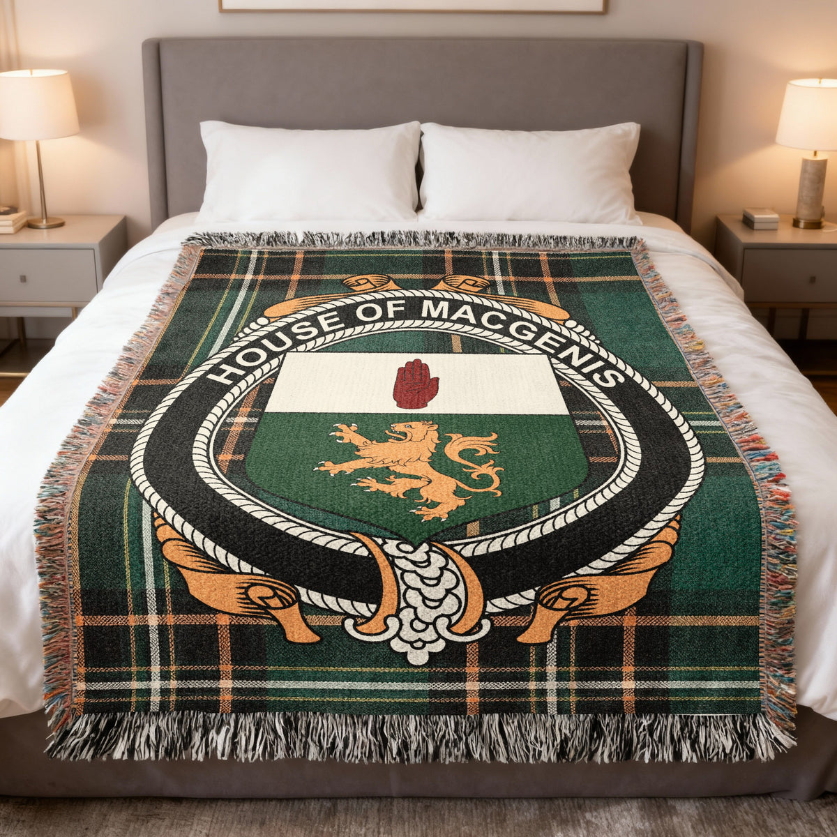 MacGenis Irish National Tartan woven blanket with family crest emblem
