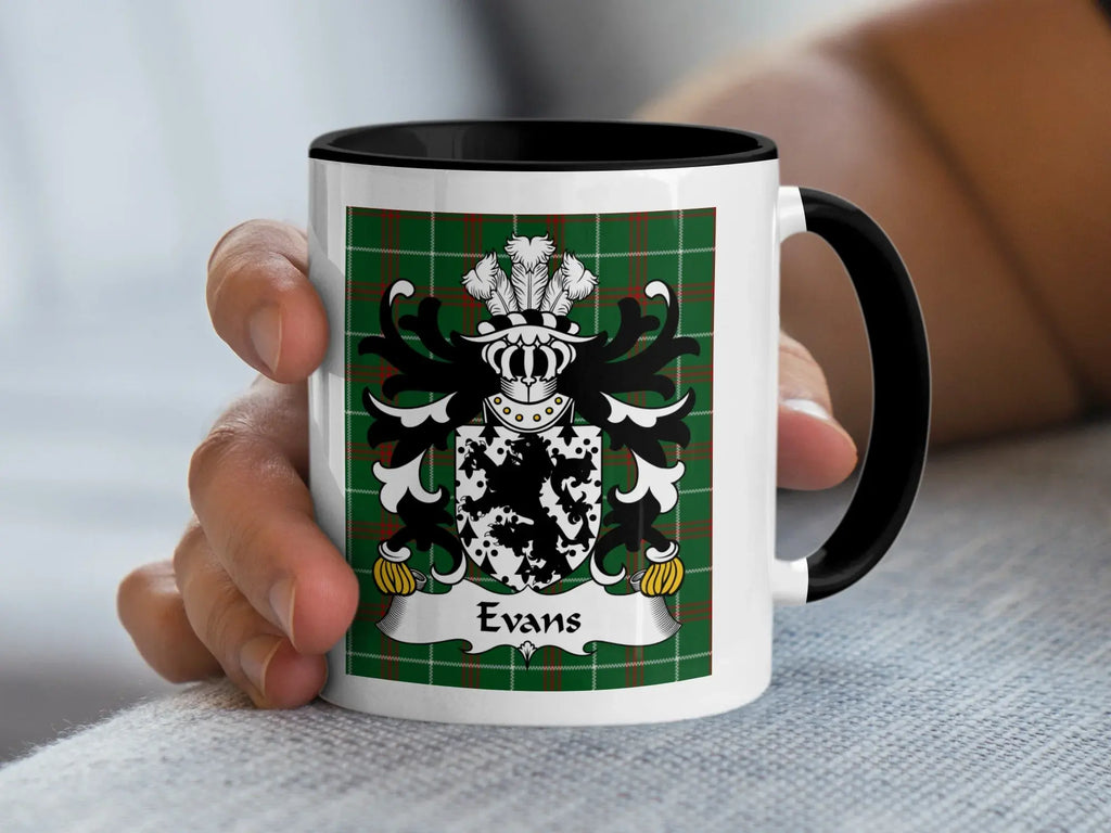 Evans Welsh coat of arms accent mug with black handle on Welsh National Tartan background