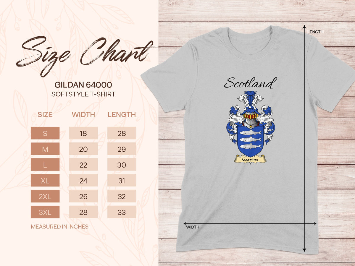 Gildan 64000 size chart for the Garvine unisex T-shirt, sizes S to 3XL