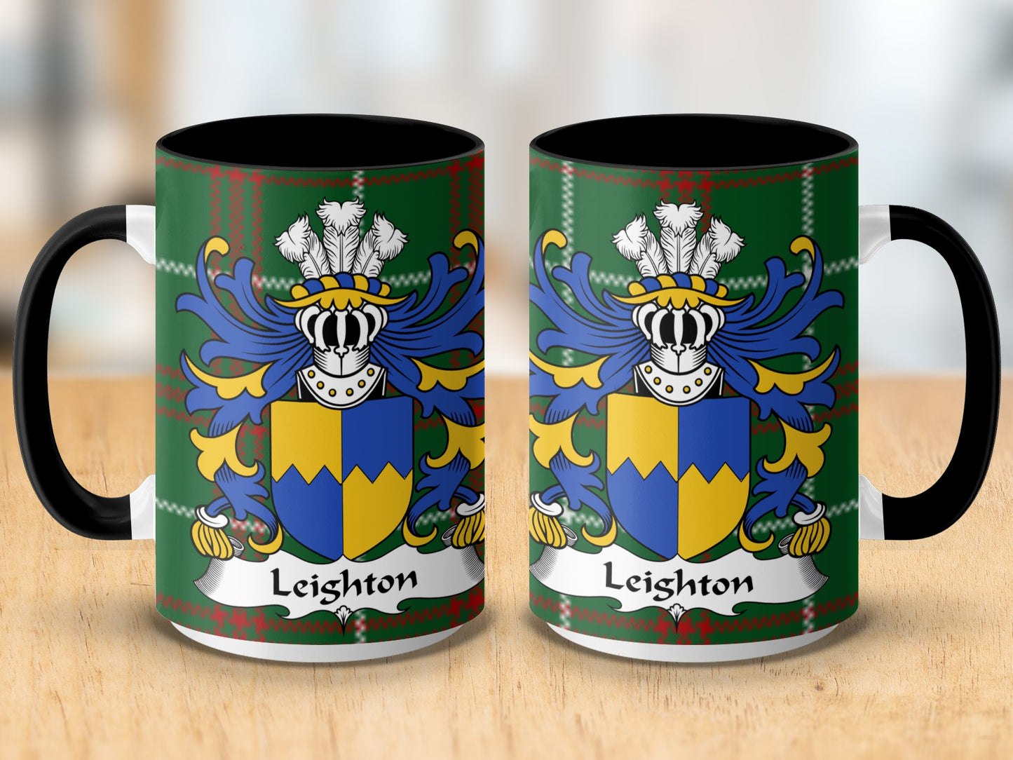 Leighton Coat of Arms on Welsh Tartan Background Mug - Living Stone Gifts