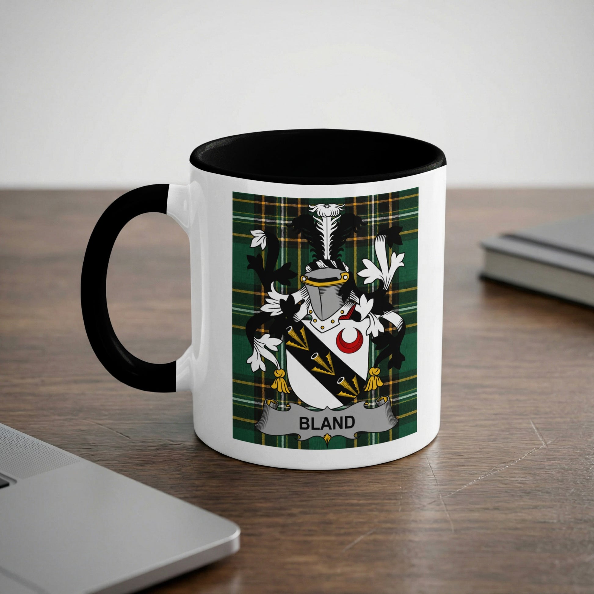 White mug with black trim featuring the Bland family coat of arms.