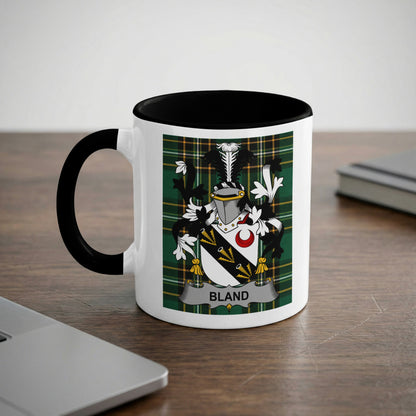 White mug with black trim featuring the Bland family coat of arms.