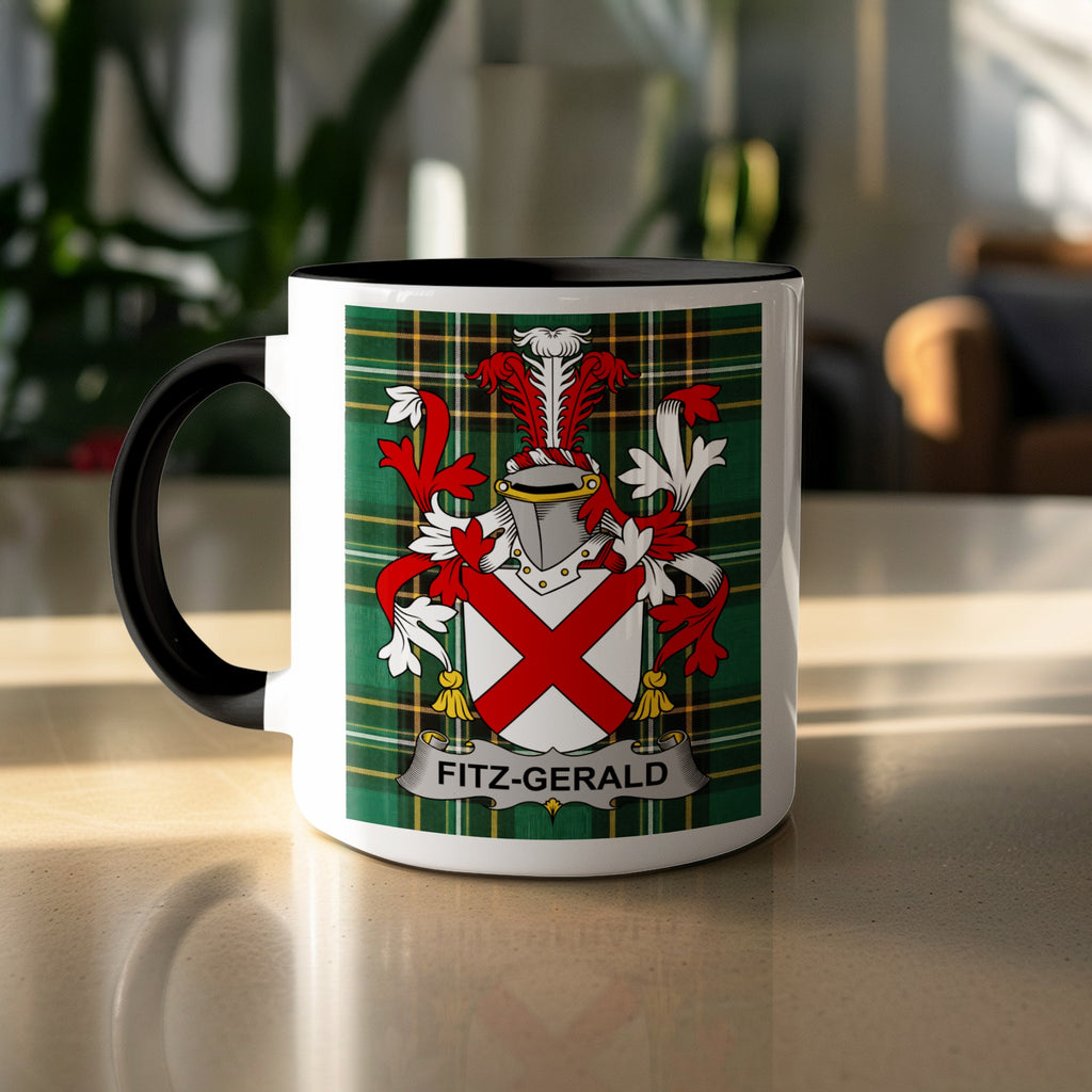 Fitzgerald family crest on green tartan mug — white ceramic, black handle