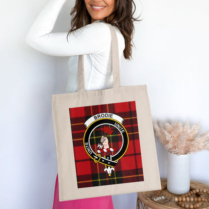 Brodie Scottish Clan Crest on Tartan Background Tote Bag - Living Stone Gifts