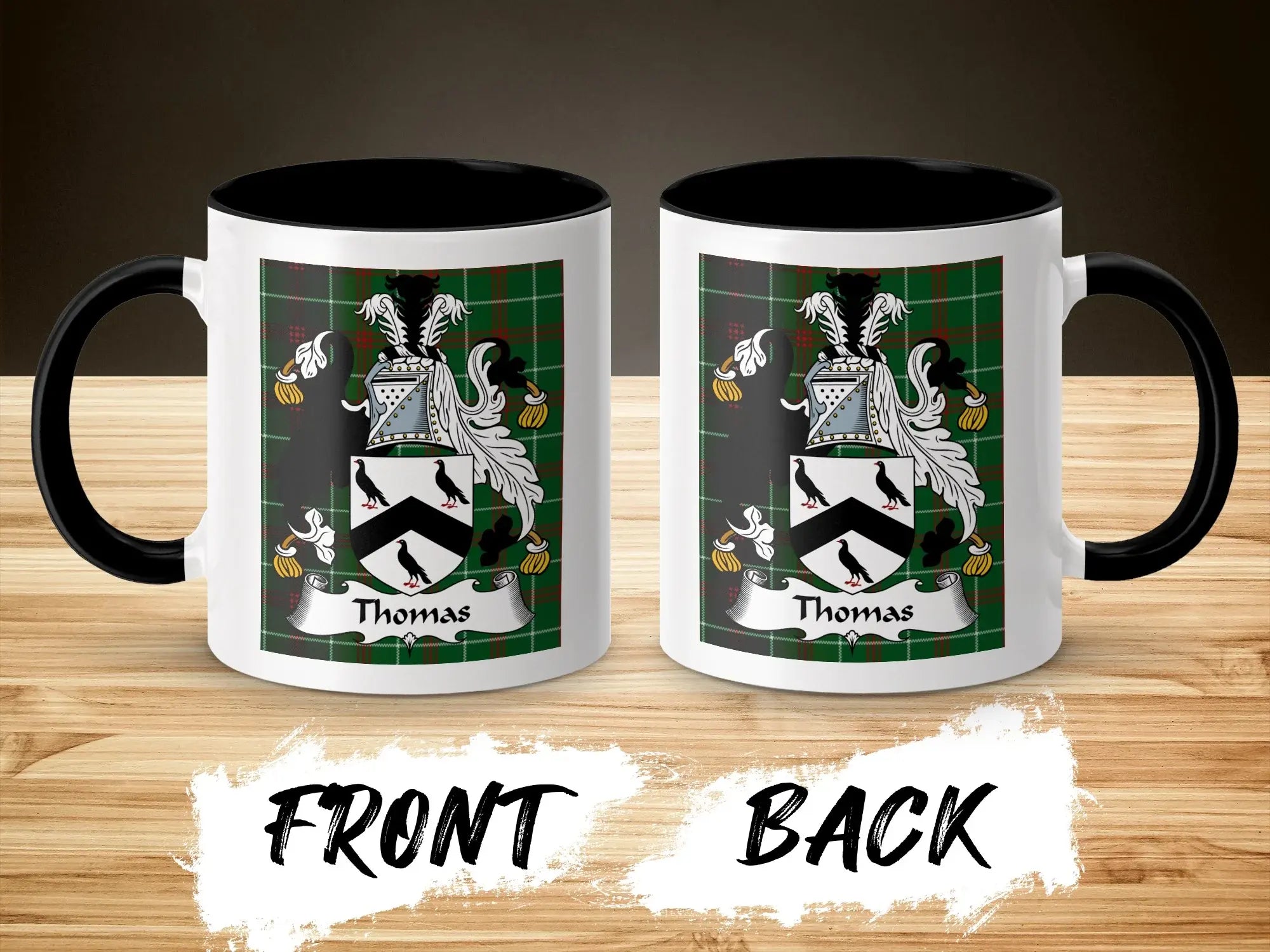 Thomas Welsh surname coffee mug front and back with coat of arms design on tartan
