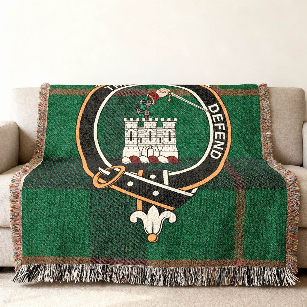 Kincaid woven blanket — castle crest emblem on clan tartan