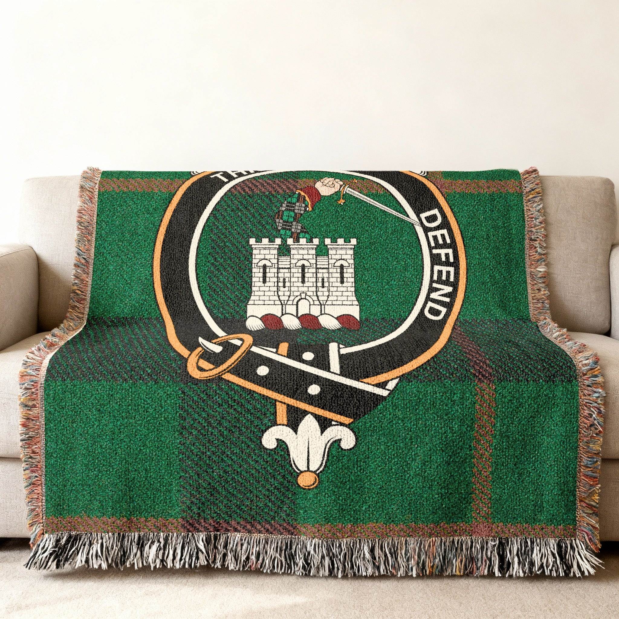 Kincaid woven blanket — castle crest emblem on clan tartan
