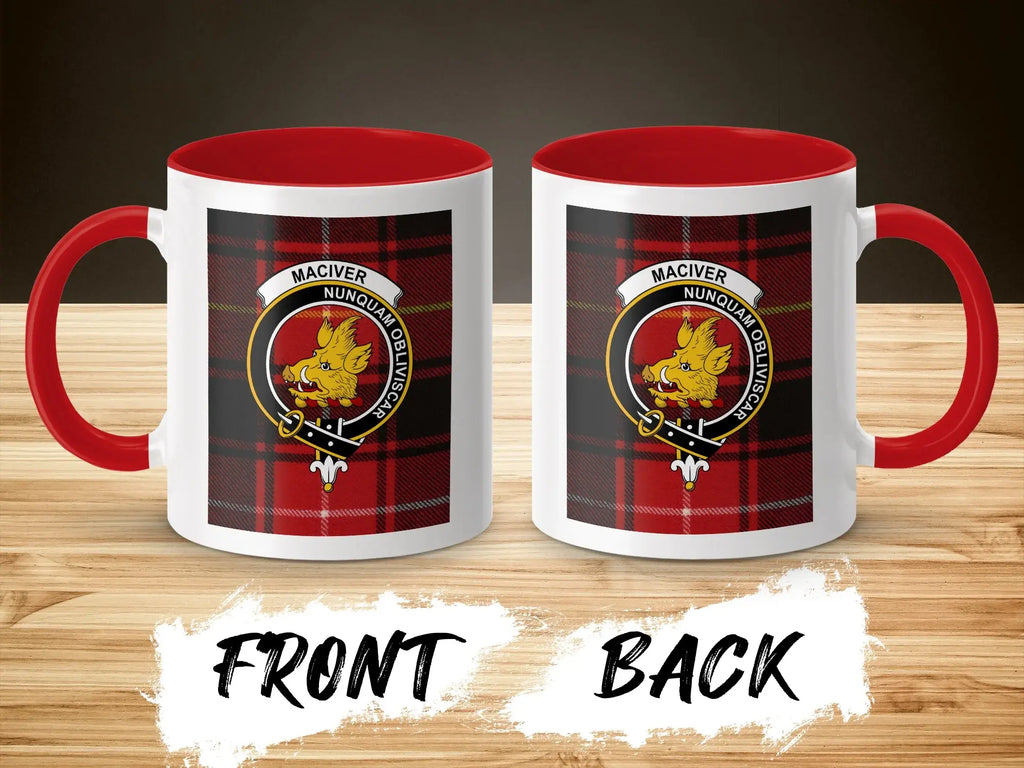 MacIver clan crest tartan coffee mug with red handle — Nunquam Obliviscar 11 oz ceramic