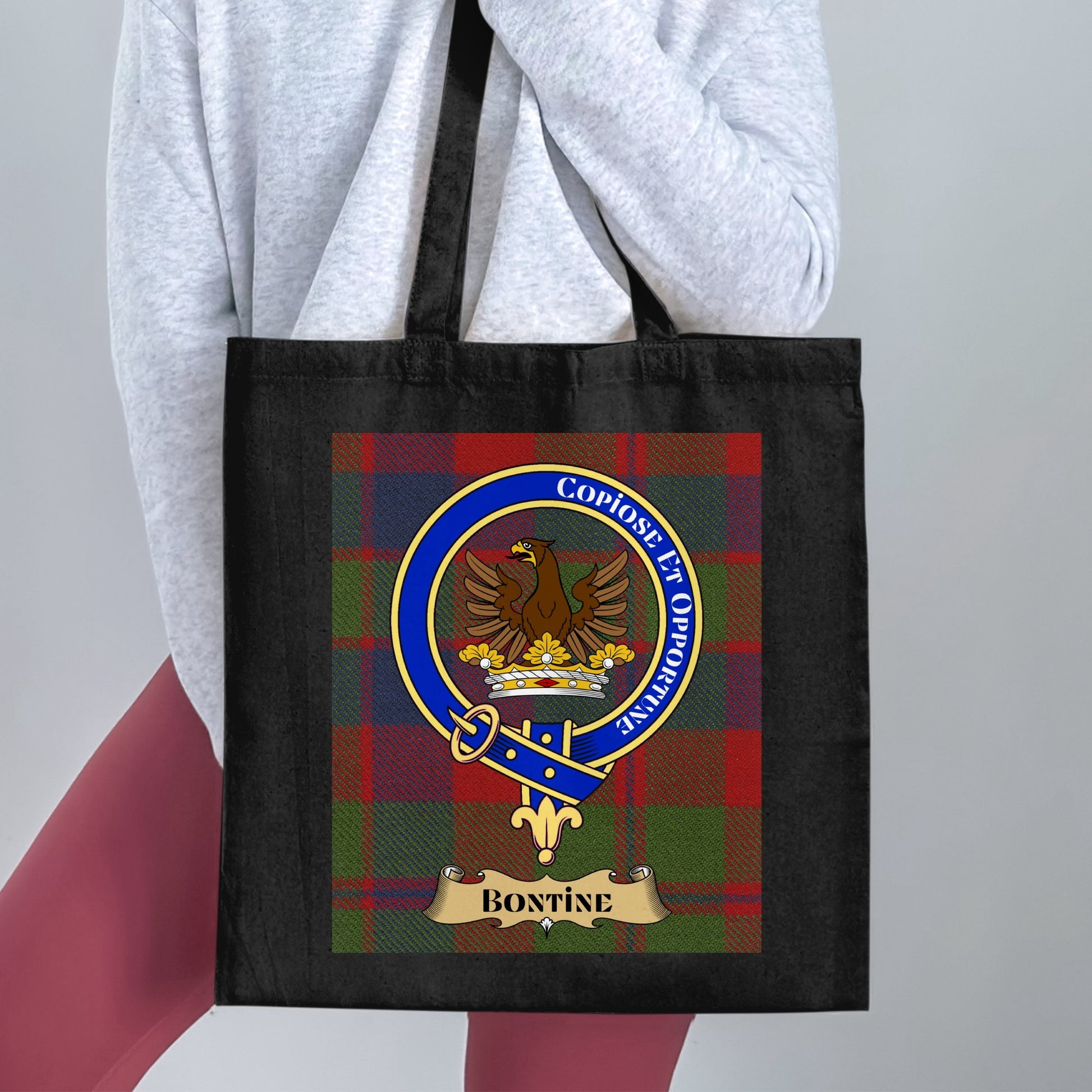 Bontine Clan Crest on Tartan Background Tote Bag - Living Stone Gifts