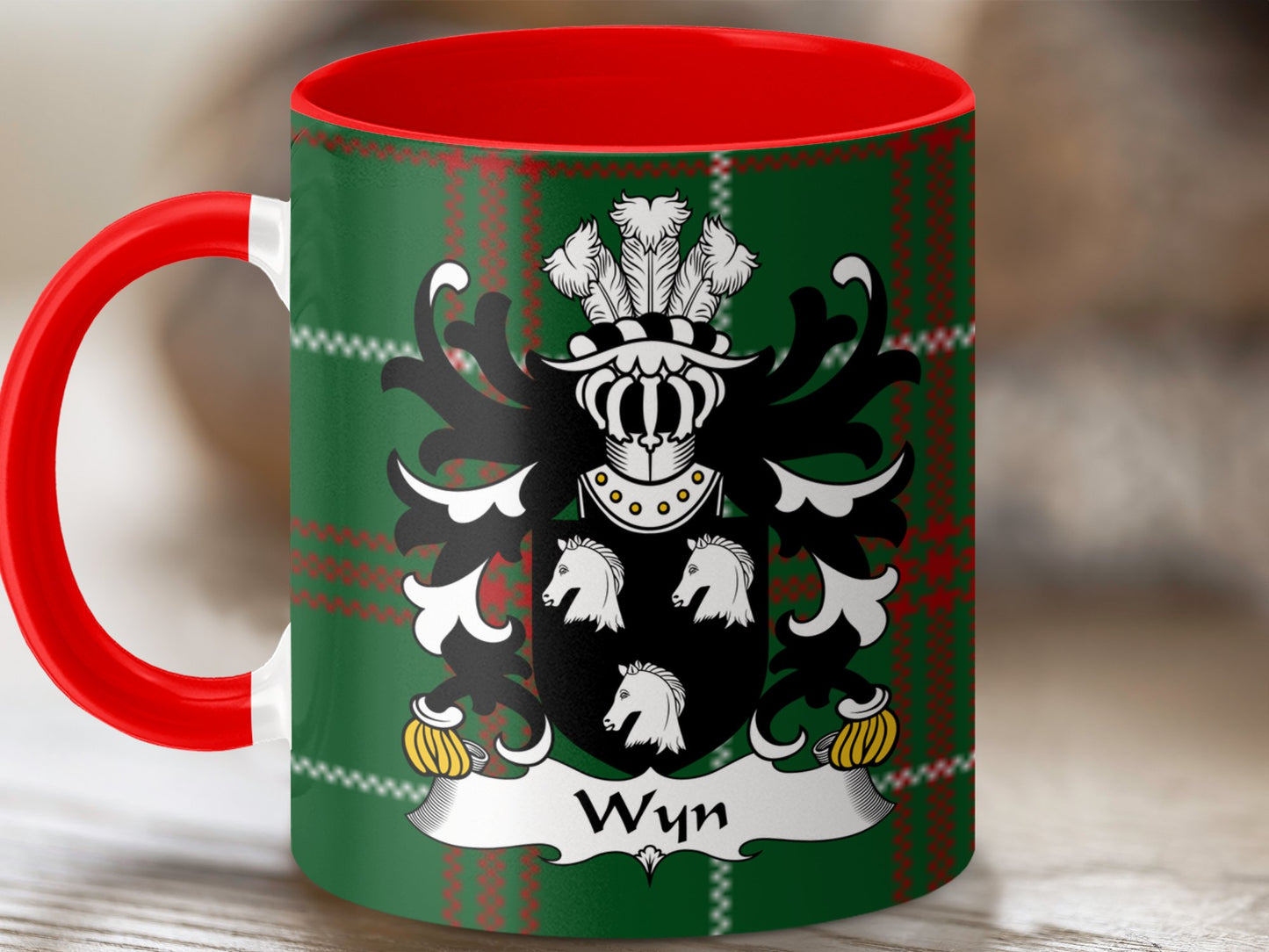 Wyn Family Crest on Welsh National Tartan Background Mug - Living Stone Gifts