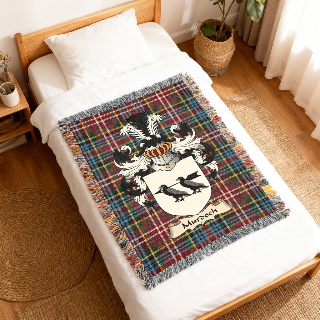 Murdoch Caledonia tartan heritage woven throw blanket with family shield