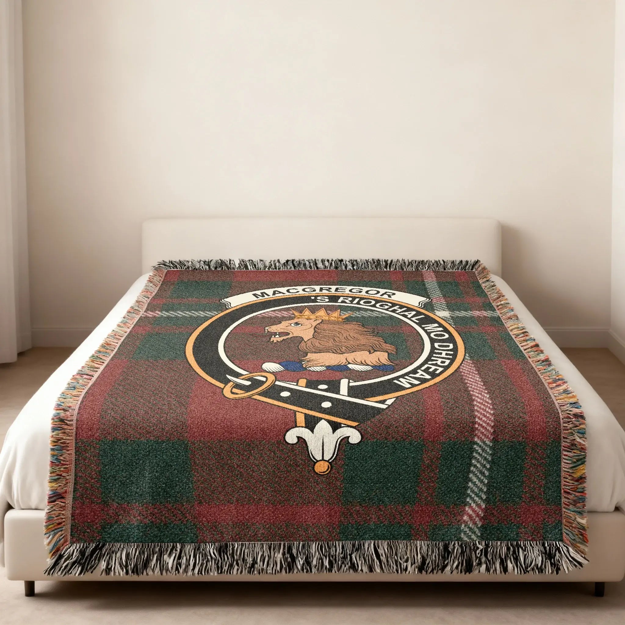 MacGregor tartan pattern blanket with clan emblem design — 'S Rioghal Mo Dhream woven in cotton