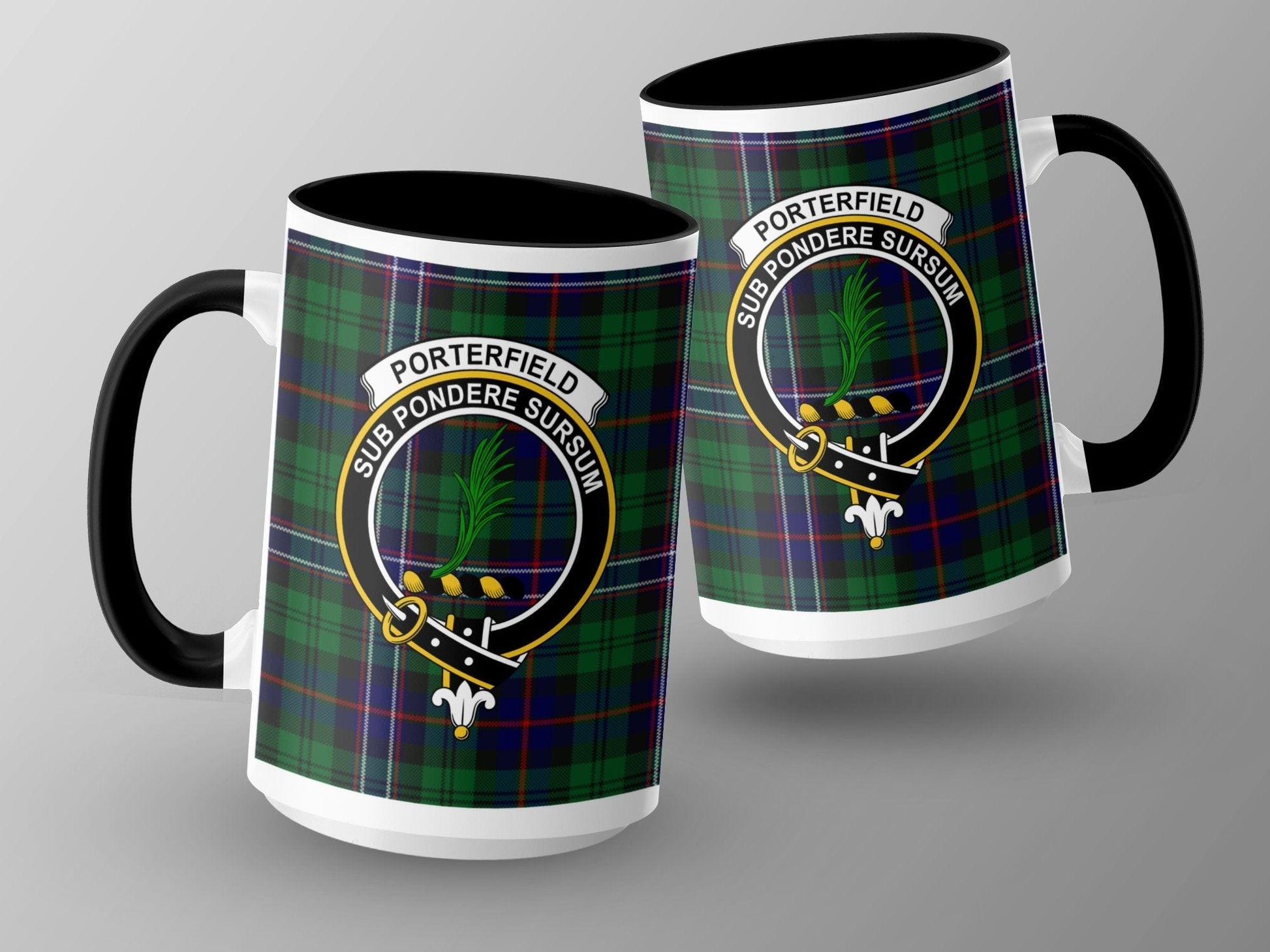 Porterfield Clan Crest Tartan Design on a Stylish Mug - Living Stone Gifts