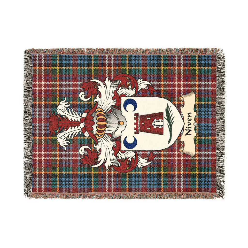 Niven Scottish woven blanket with family shield and Caledonia tartan background