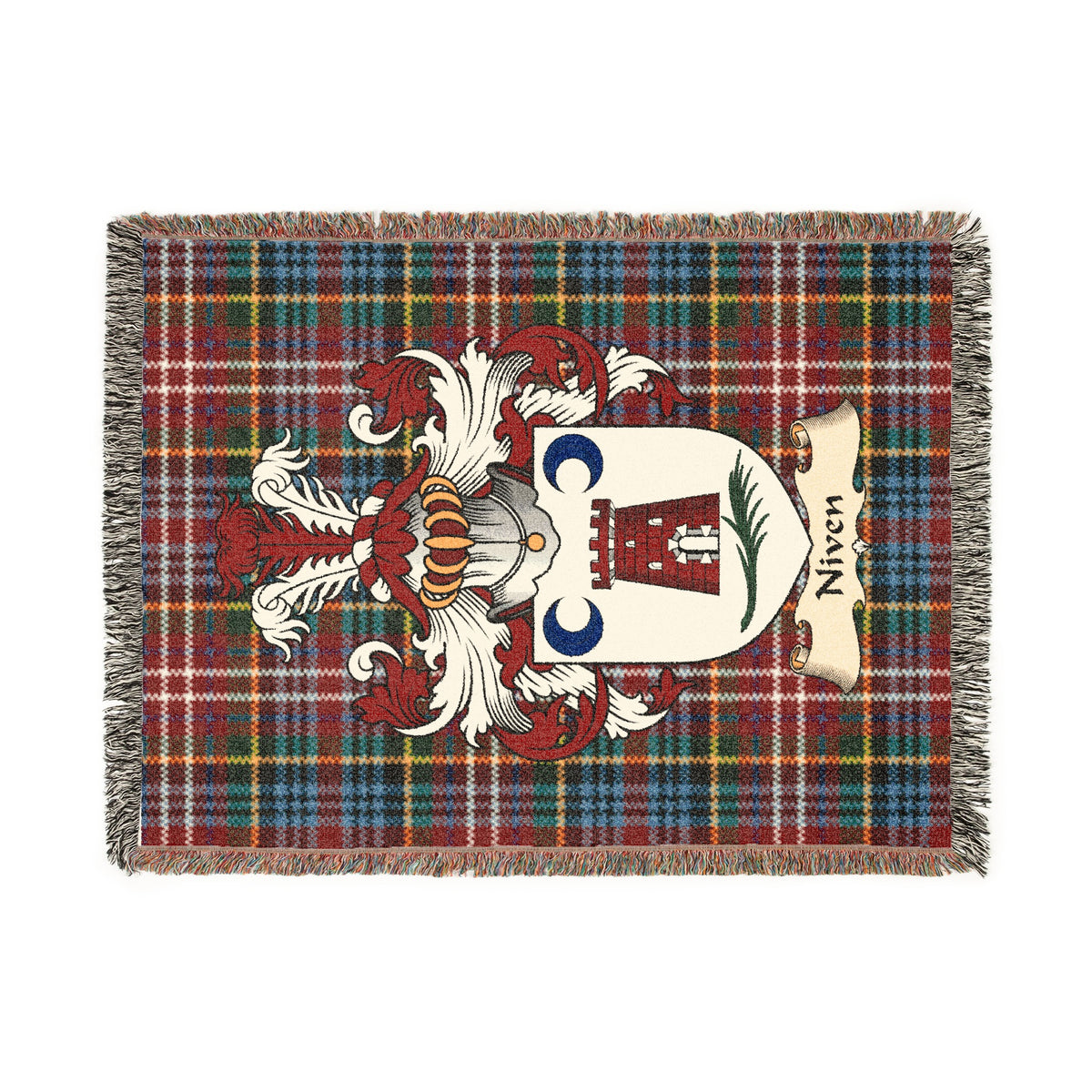 Niven Scottish woven blanket with family shield and Caledonia tartan background