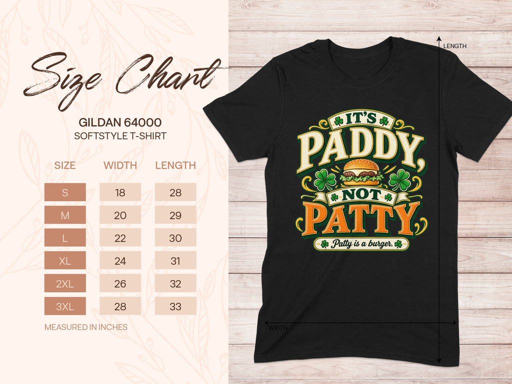 Gildan 64000 unisex T-shirt size chart with width and length measurements