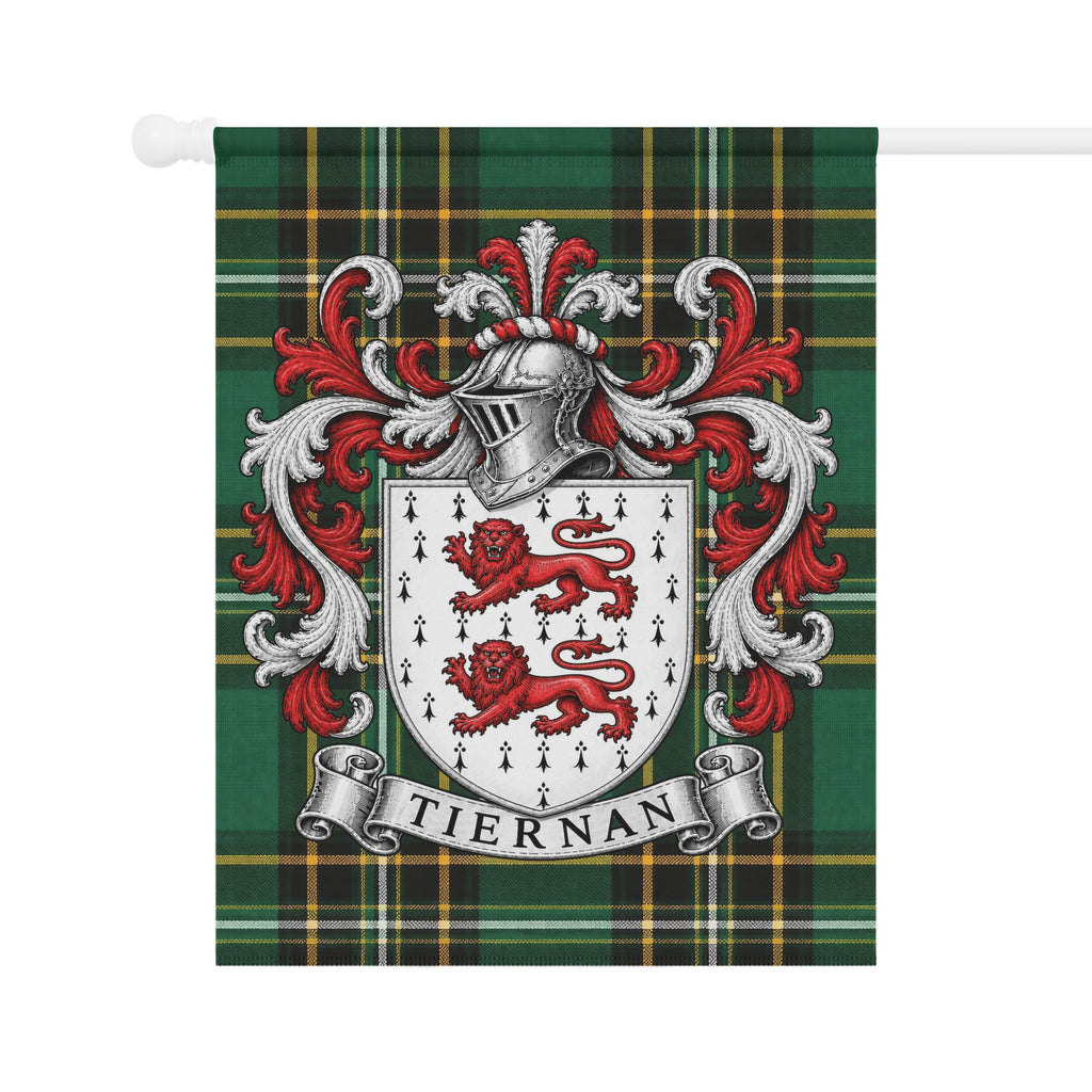 Tiernan family crest flag with Irish National Tartan heritage design