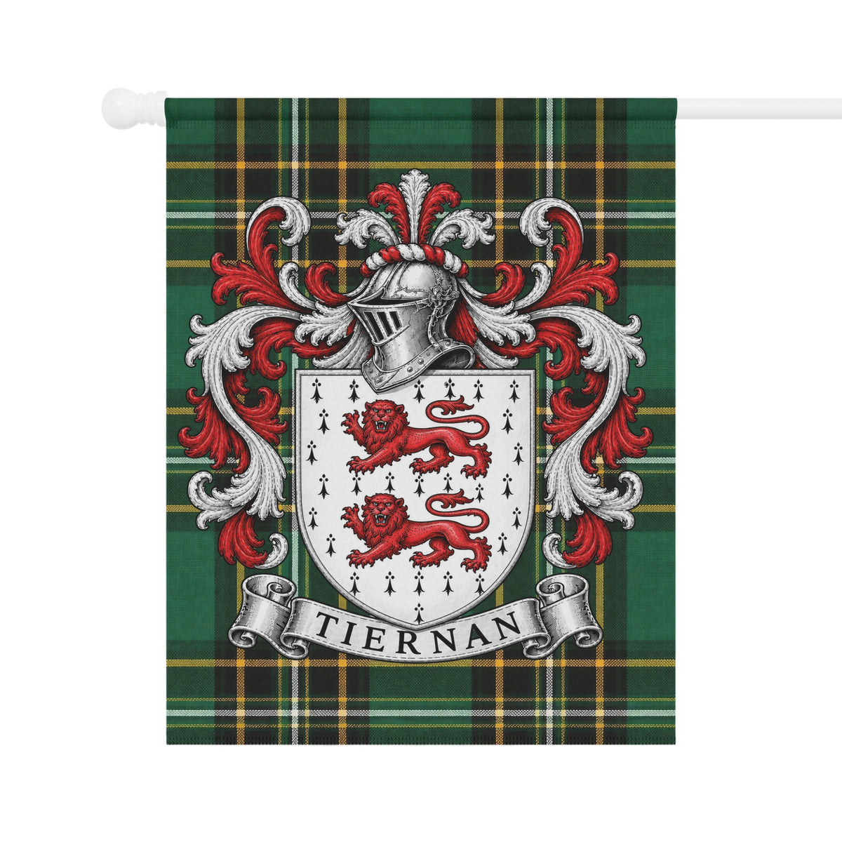 Tiernan family crest flag with Irish National Tartan heritage design