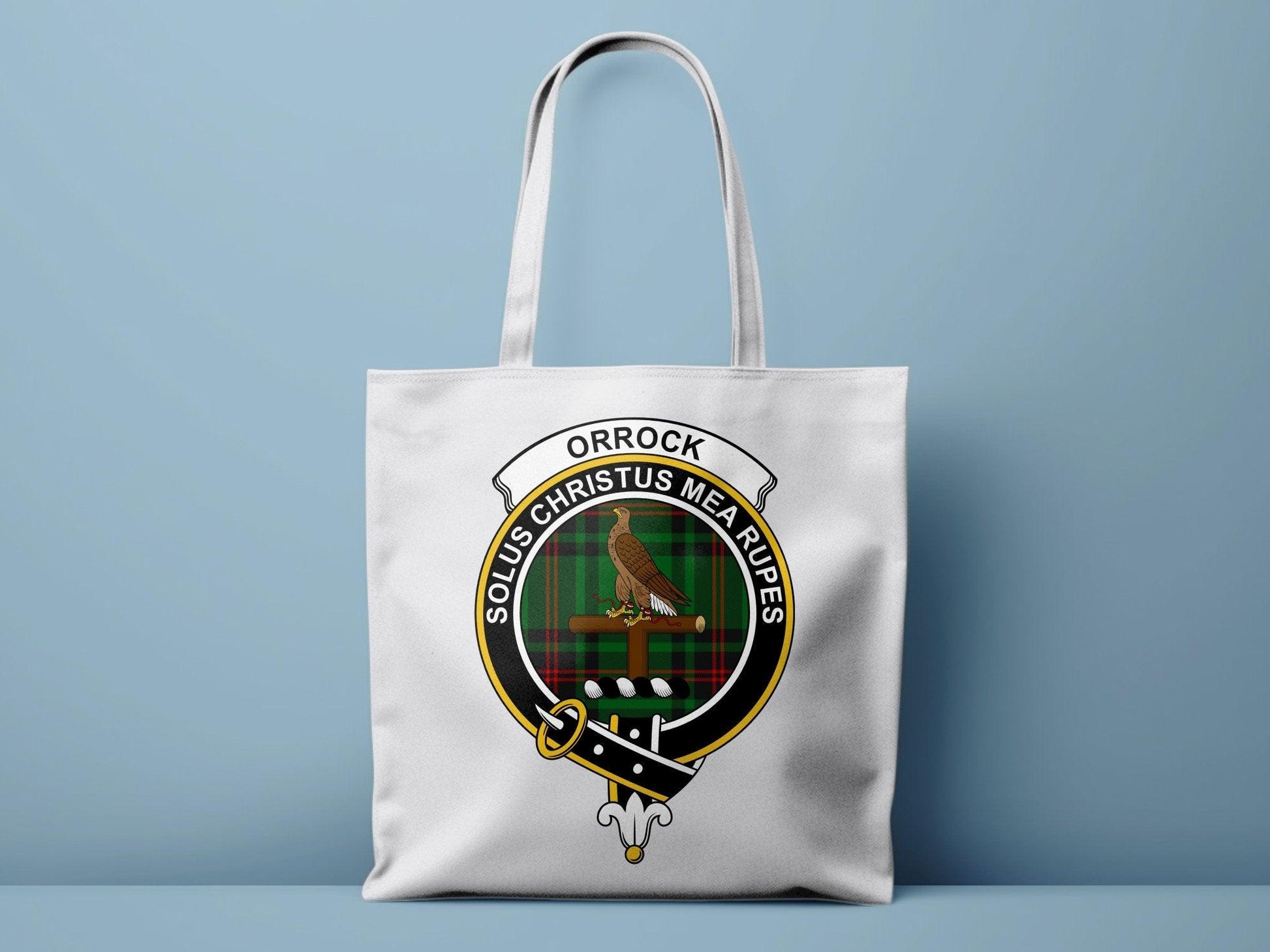 Orrock Clan Crest Solus Christus Mea Rupes Tote Bags - Celtic Ancestry Gifts
