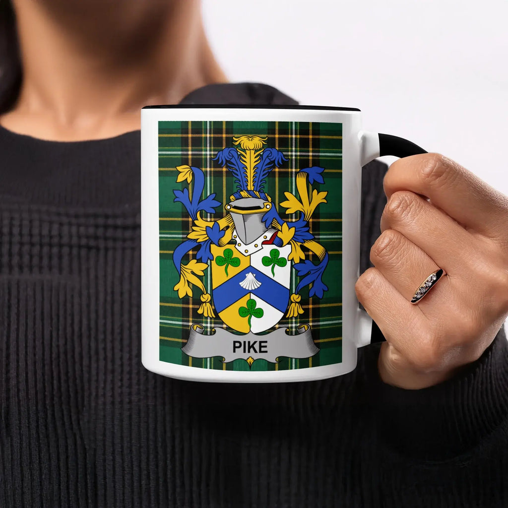Pike black accent mug with Irish National Tartan and family crest