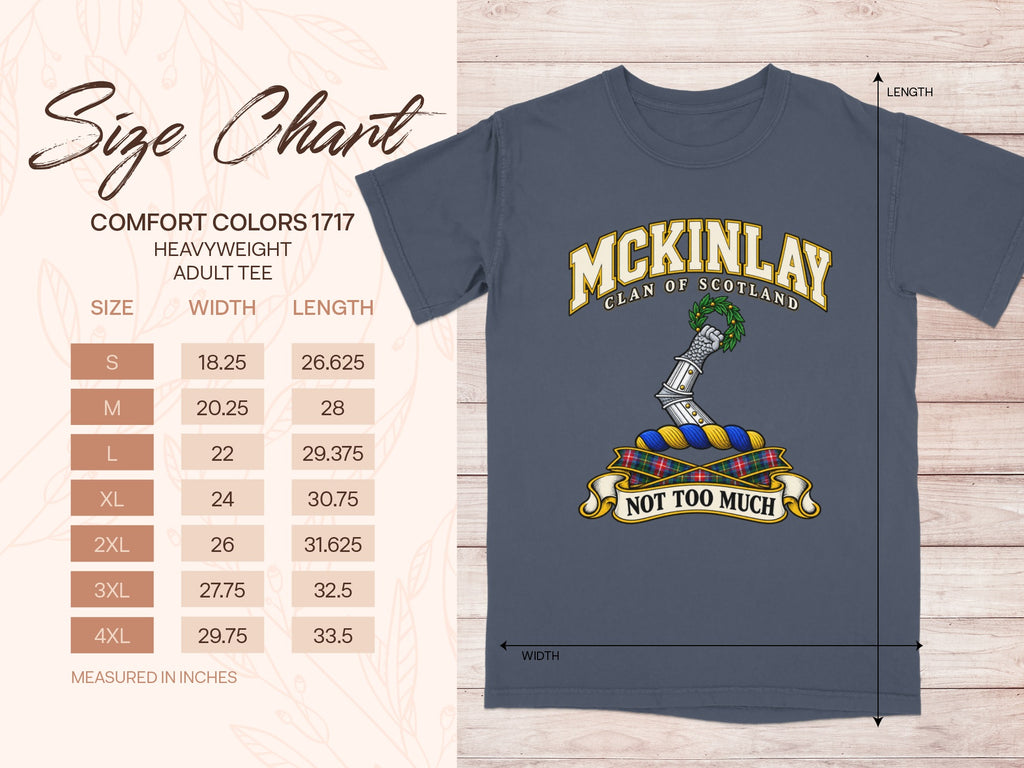 Comfort Colors 1717 size chart for the McKinlay Scottish clan T-shirt, adult sizes S–4XL.