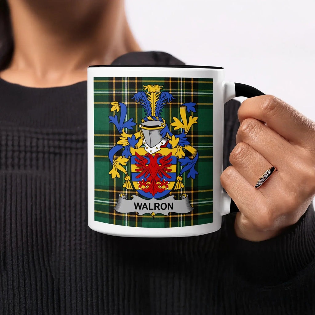 Mug featuring a coat of arms with a shield and banner reading "WALRON" on a tartan background.