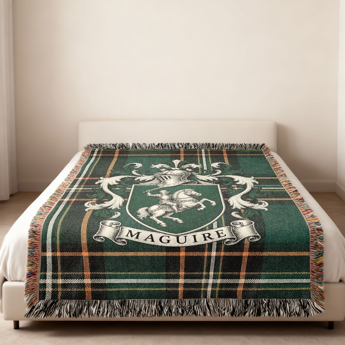 Maguire Irish National Tartan family crest woven throw displayed in a home setting