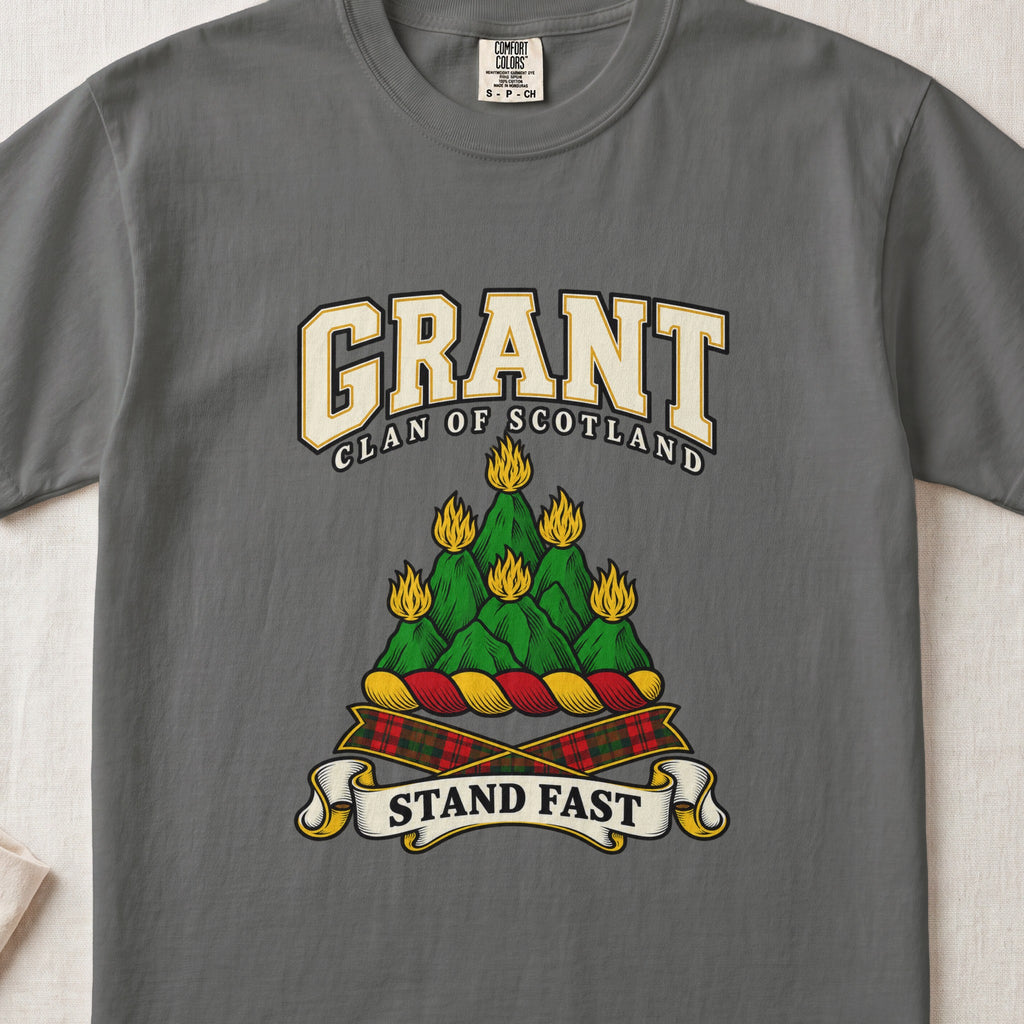Grant graphic T-shirt in Pepper gray, front flat lay showing varsity lettering and green mountain-like mound with yellow flames.