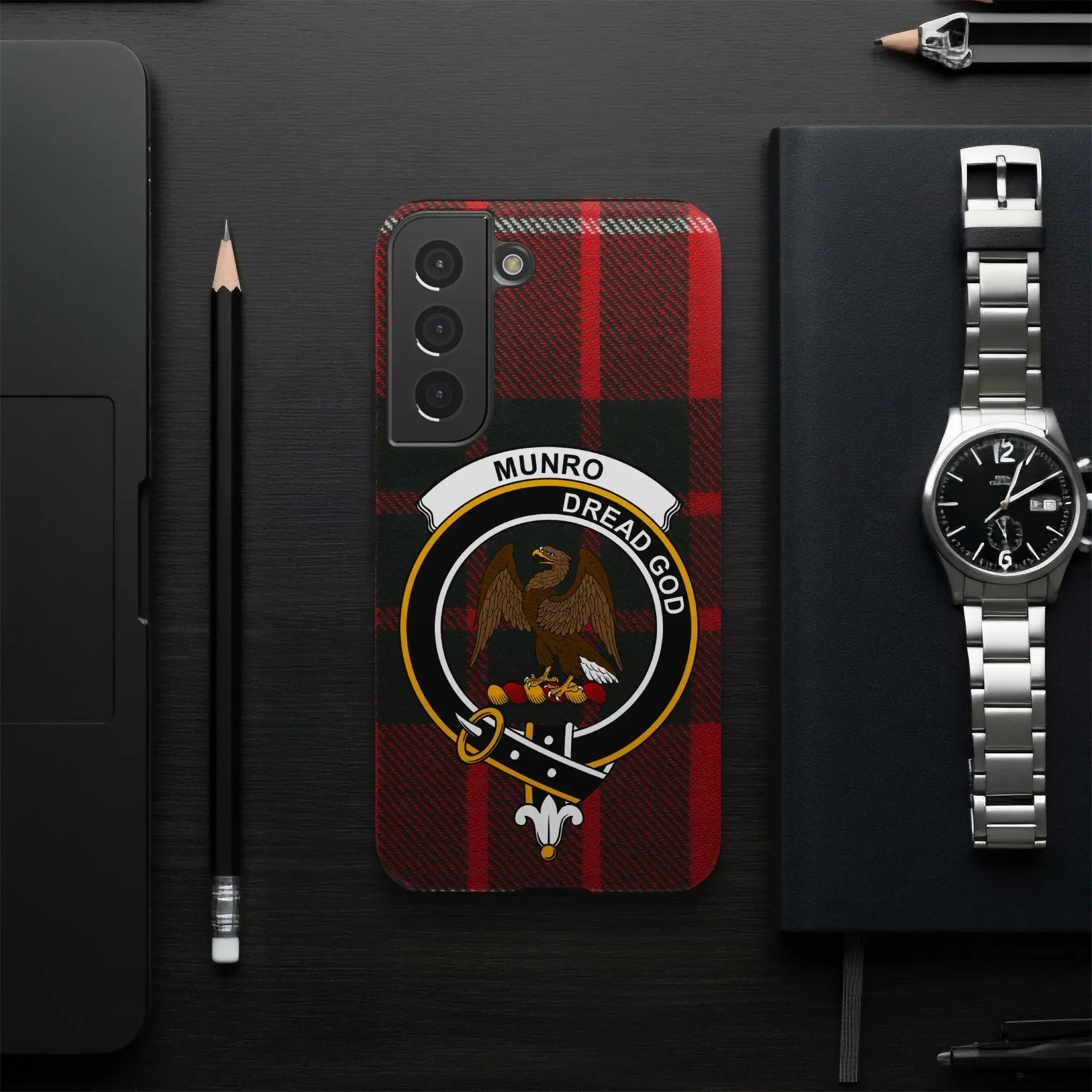 Munro Dread God clan crest tartan phone case — glossy wrap print on Samsung Galaxy