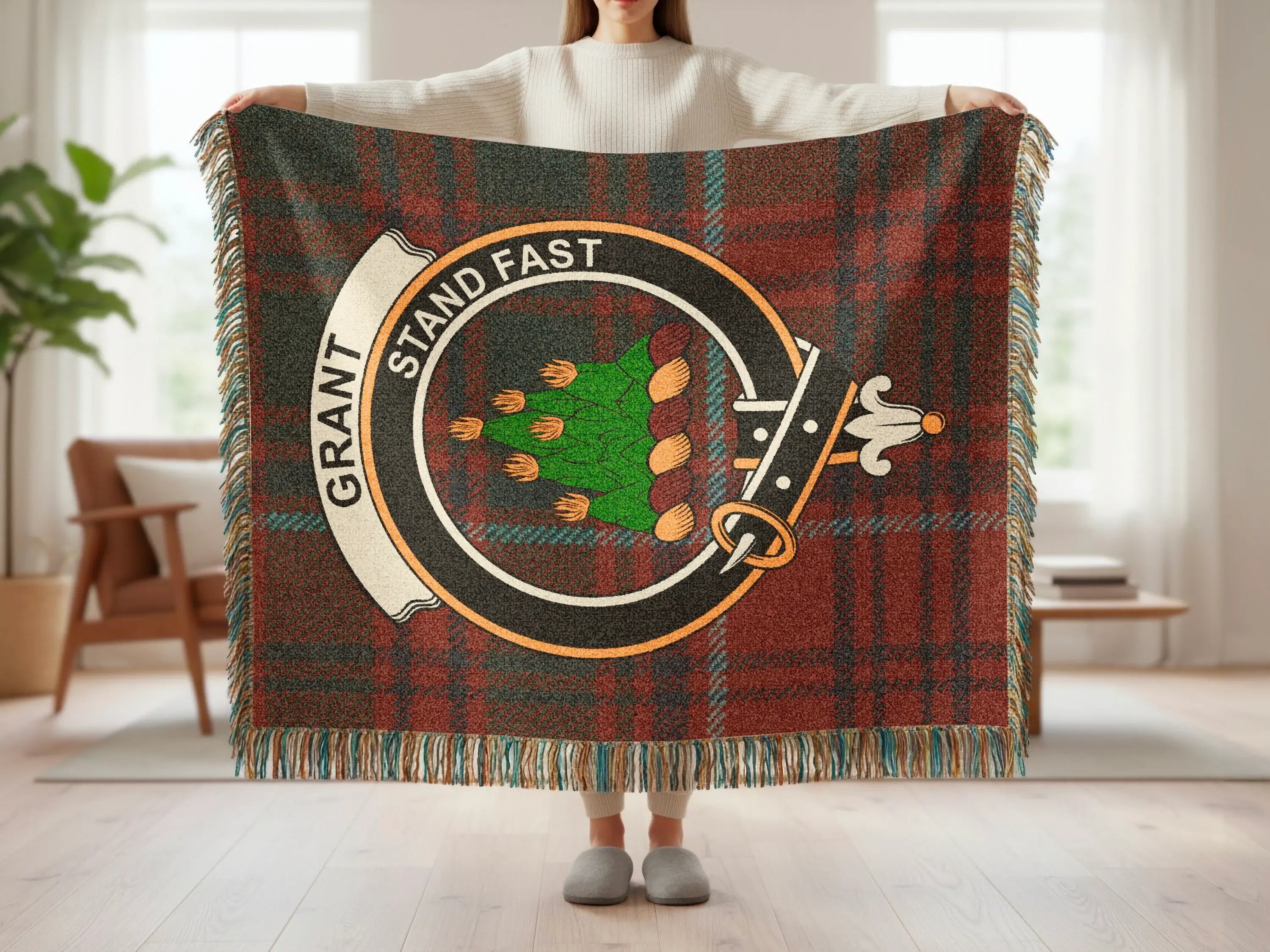 Grant Stand Fast tartan woven blanket draped — red-green plaid with heraldic crest, fringe edges