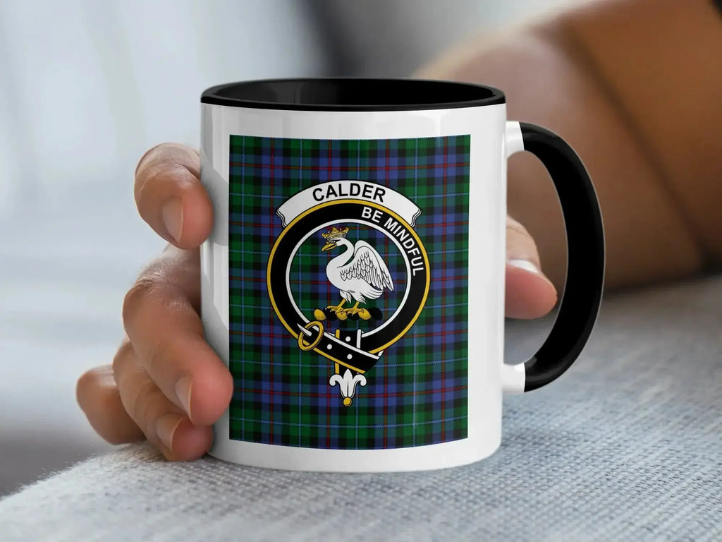 Clan Calder tartan mug — black handle, 15 oz ceramic