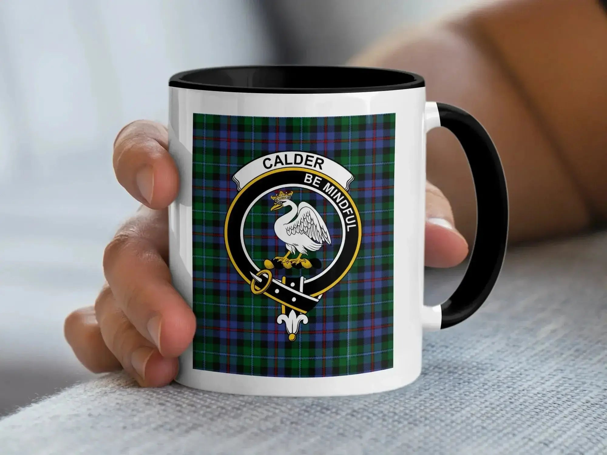 Clan Calder tartan mug — black handle, 15 oz ceramic