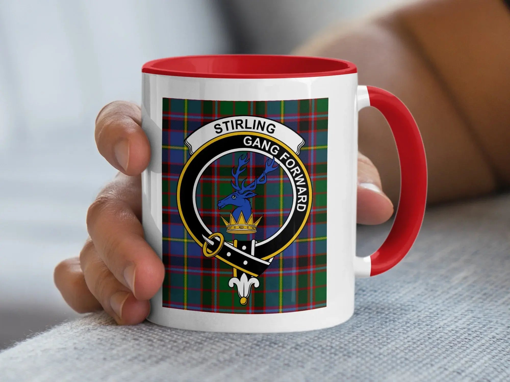 Clan Stirling tartan mug with red handle — stag crest and plaid design, glossy ceramic