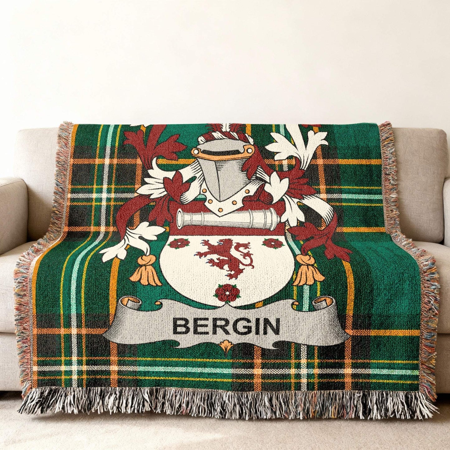 Bergin Family Crest Green Tartan Plaid Throw product type