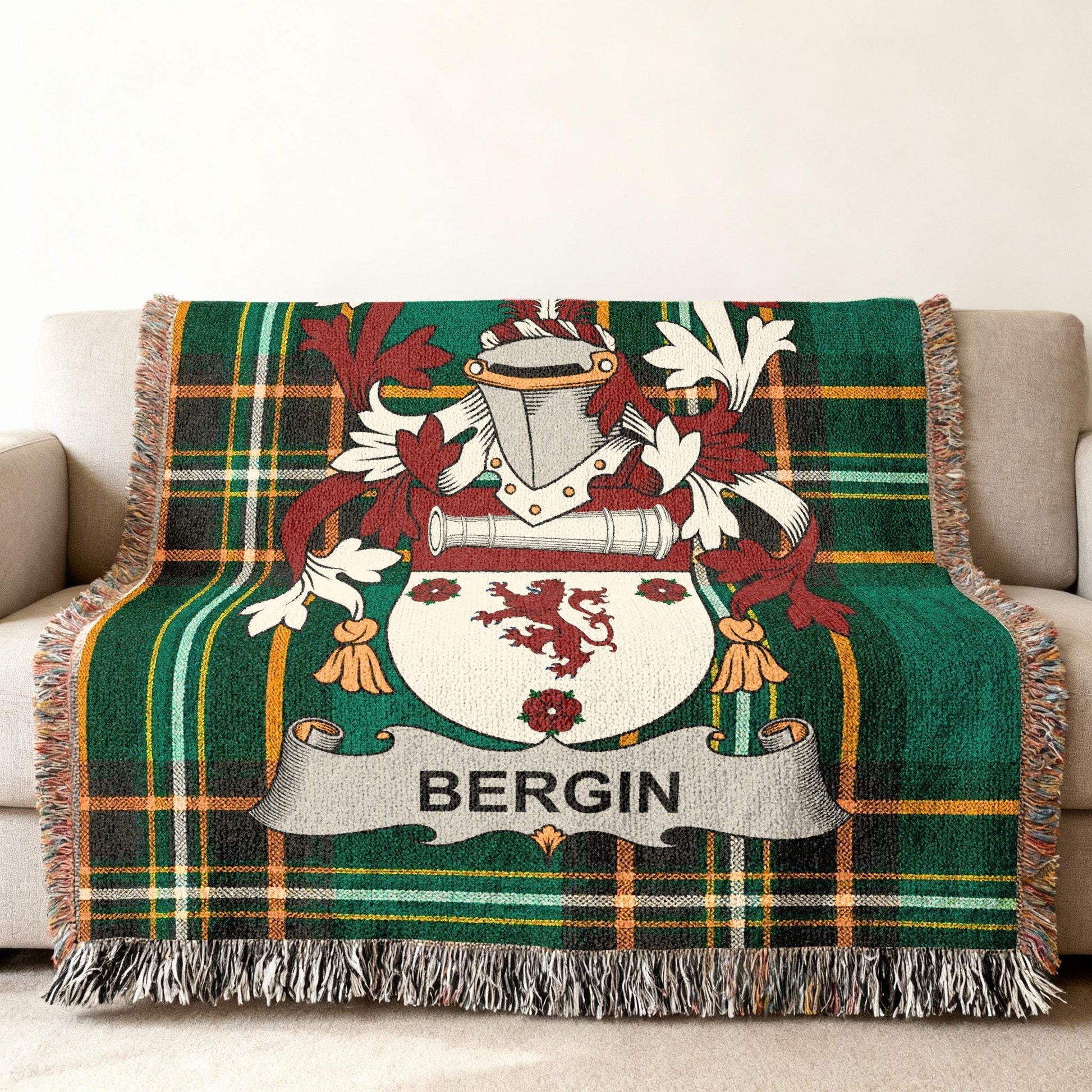 Bergin Family Crest Green Tartan Plaid Throw product type