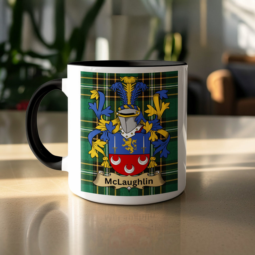 McLaughlin family crest on Irish National Tartan mug — close-up