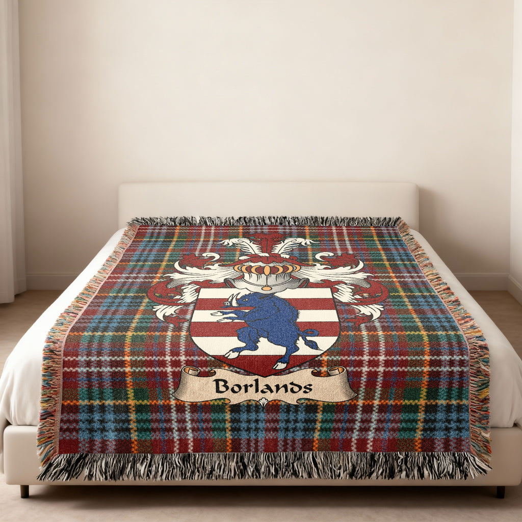 Borlands Caledonia tartan heritage woven throw blanket with family shield