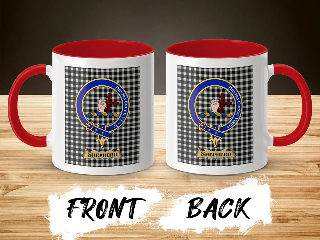 Shepherd tartan-background crest mug shown as a Scottish heritage gift