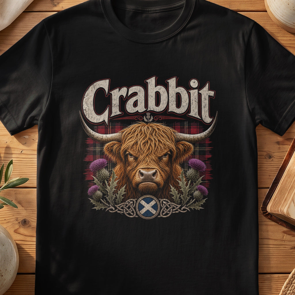 Black Gildan 64000 unisex T-shirt flatlay with Crabbit Highland Cow Scottish graphic design