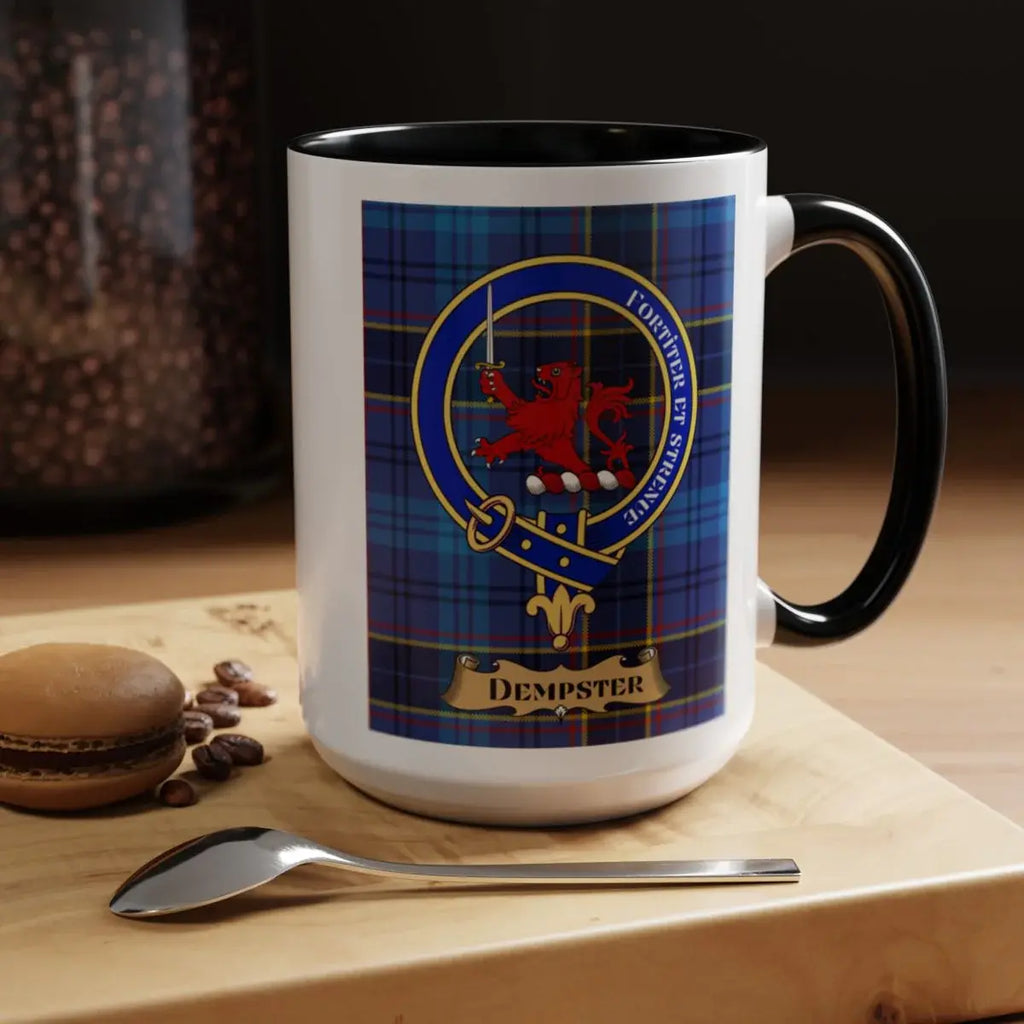 Close-up of the Dempster clan crest printed on a ceramic mug