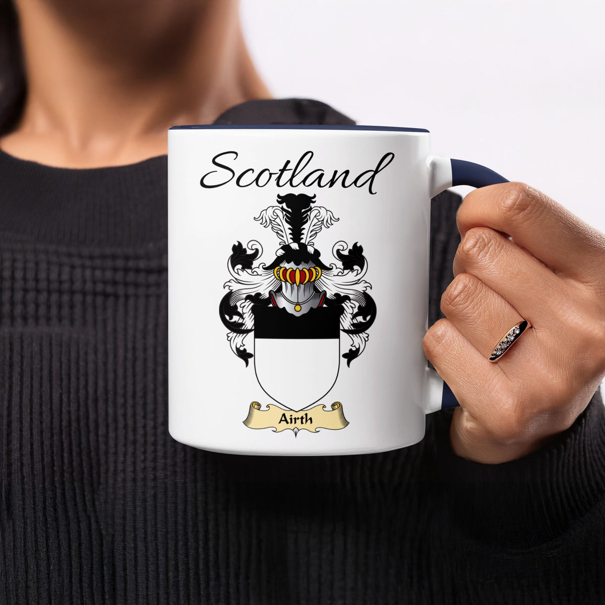 Red-accent Airth Scottish family crest mugs with Scotland above the heraldic shield