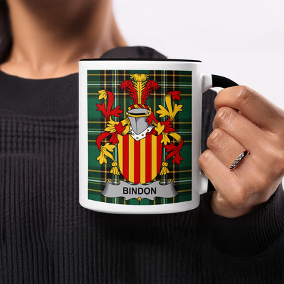 Mug with Bindon coat of arms on green tartan background.