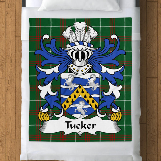 Tucker Family Coat of Arms on Welsh Tartan Background Blanket - Living Stone Gifts