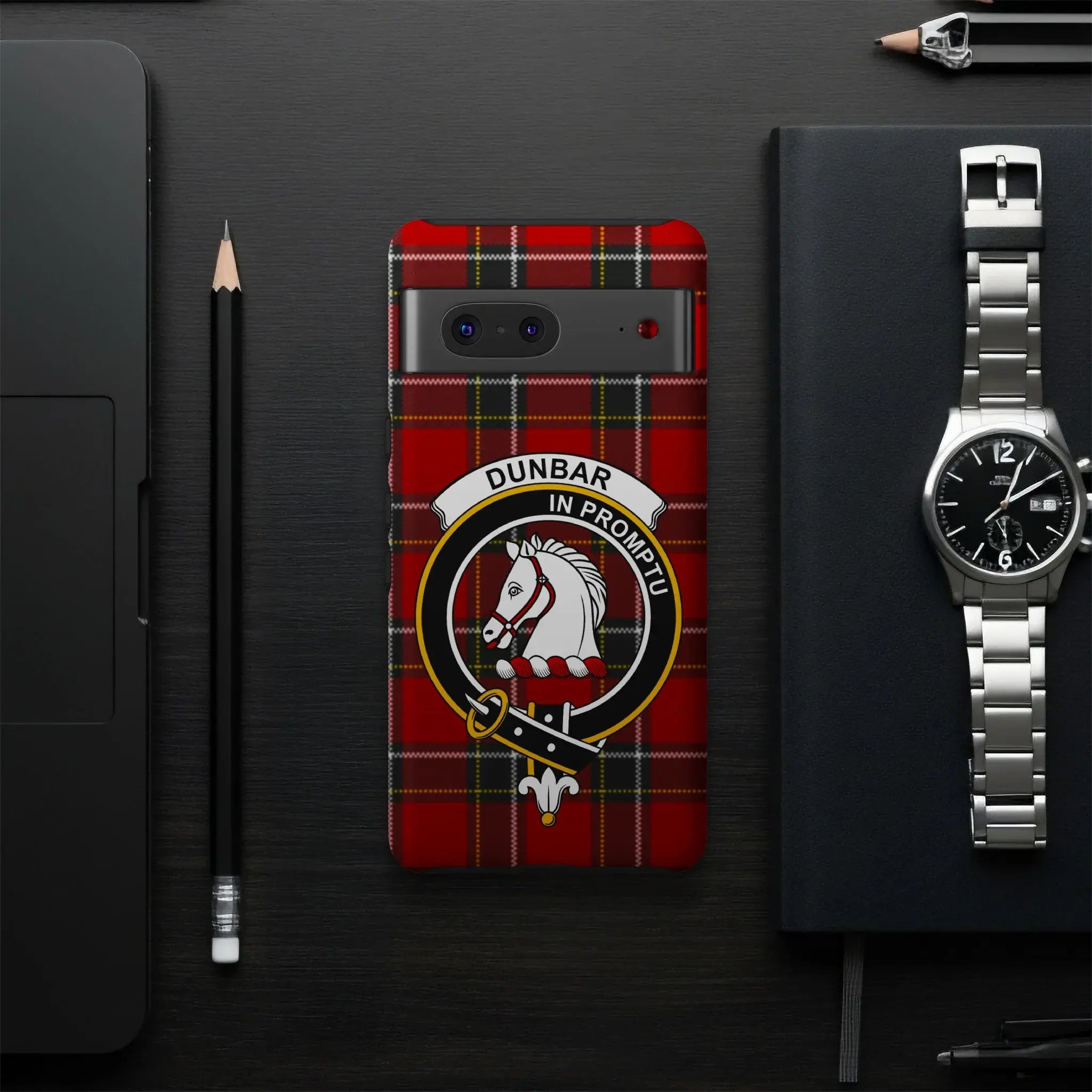 Dunbar clan crest phone case — precise port cutouts, wrap print, Google Pixel model