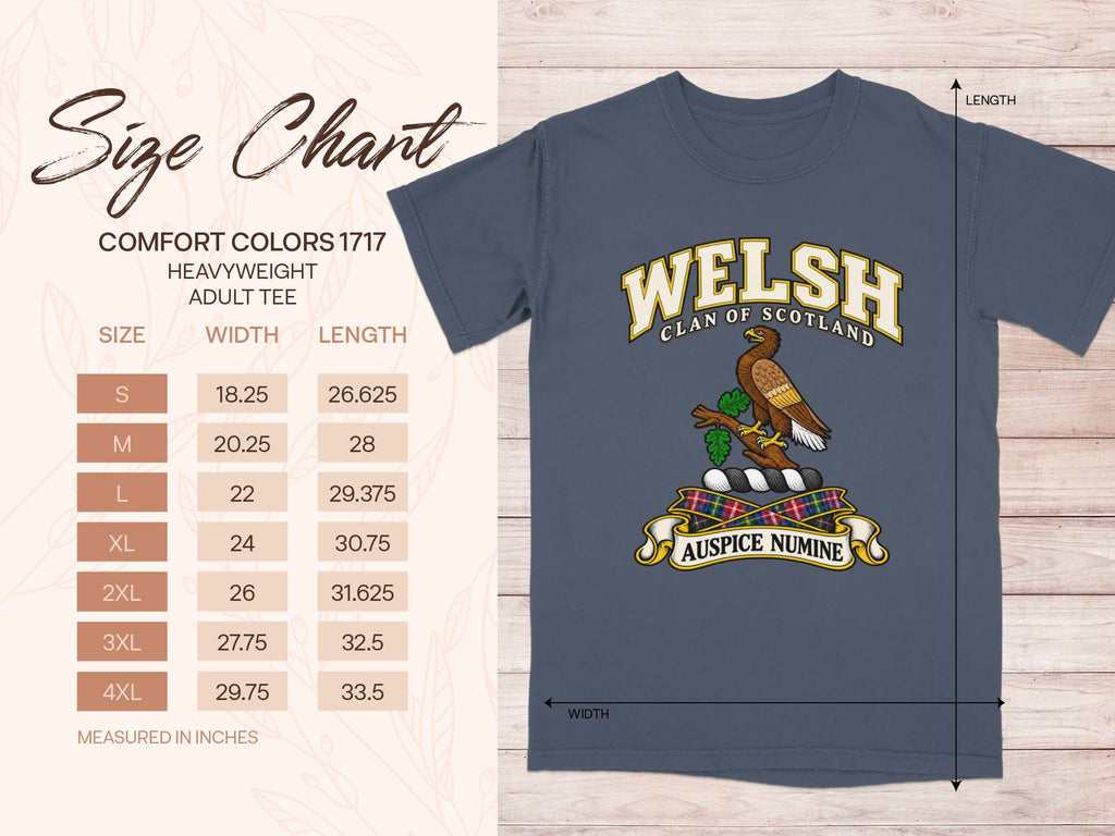 Comfort Colors 1717 size chart for the Welsh Scottish clan T-shirt, adult sizes S–4XL.