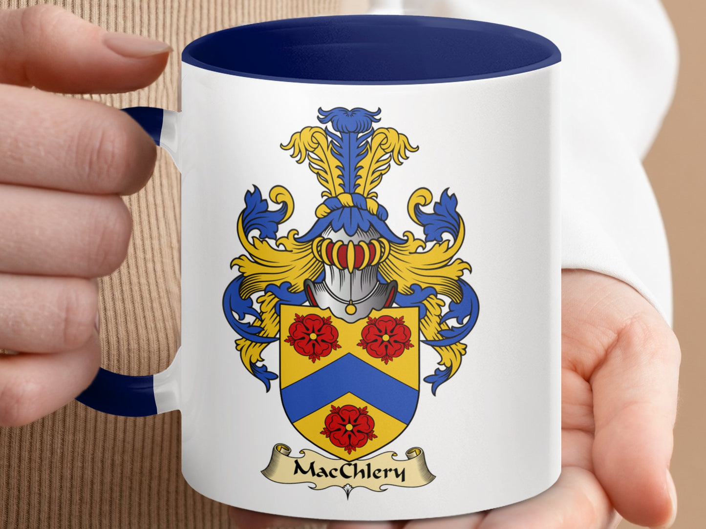 MacChlery Family Crest with Roses and Chevron Mug - Living Stone Gifts