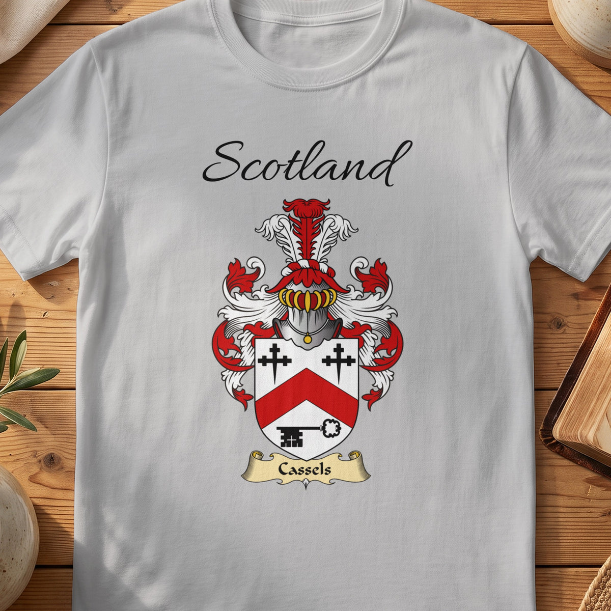 Sport Grey Cassels Scottish family shield T-shirt featuring a red chevron with black crosses and a key