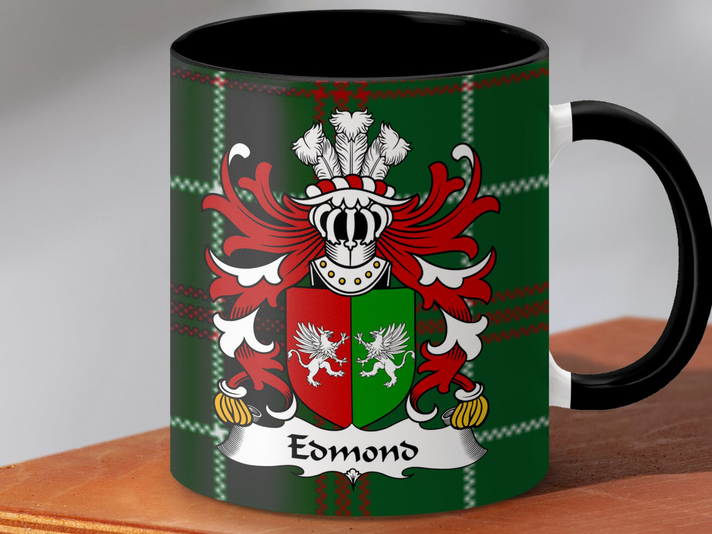 Edmond Welsh Surname Coat of Arms Tartan Background Mug - Living Stone Gifts